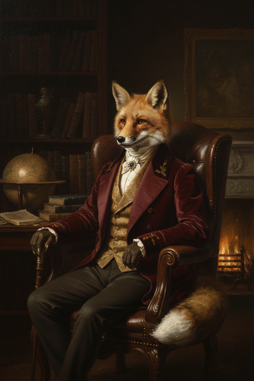 Moody Victorian oil painting portrait of an aristocratic fox in velvet coat