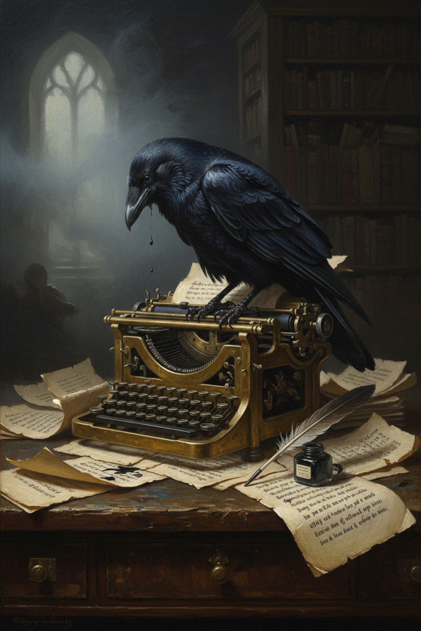 Gothic Victorian oil painting of a melancholic raven perched on a vintage typewriter