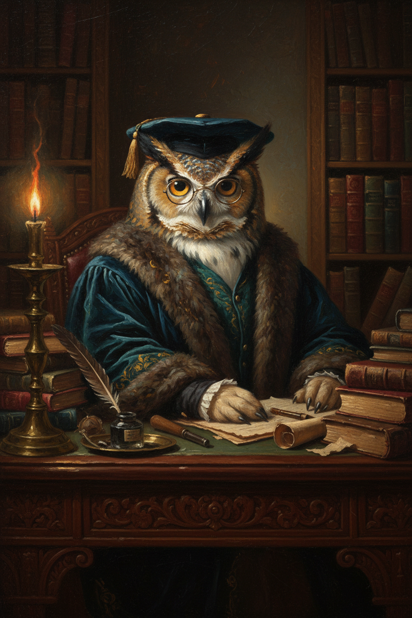 Moody Victorian oil painting of a scholarly owl with spectacles in a library