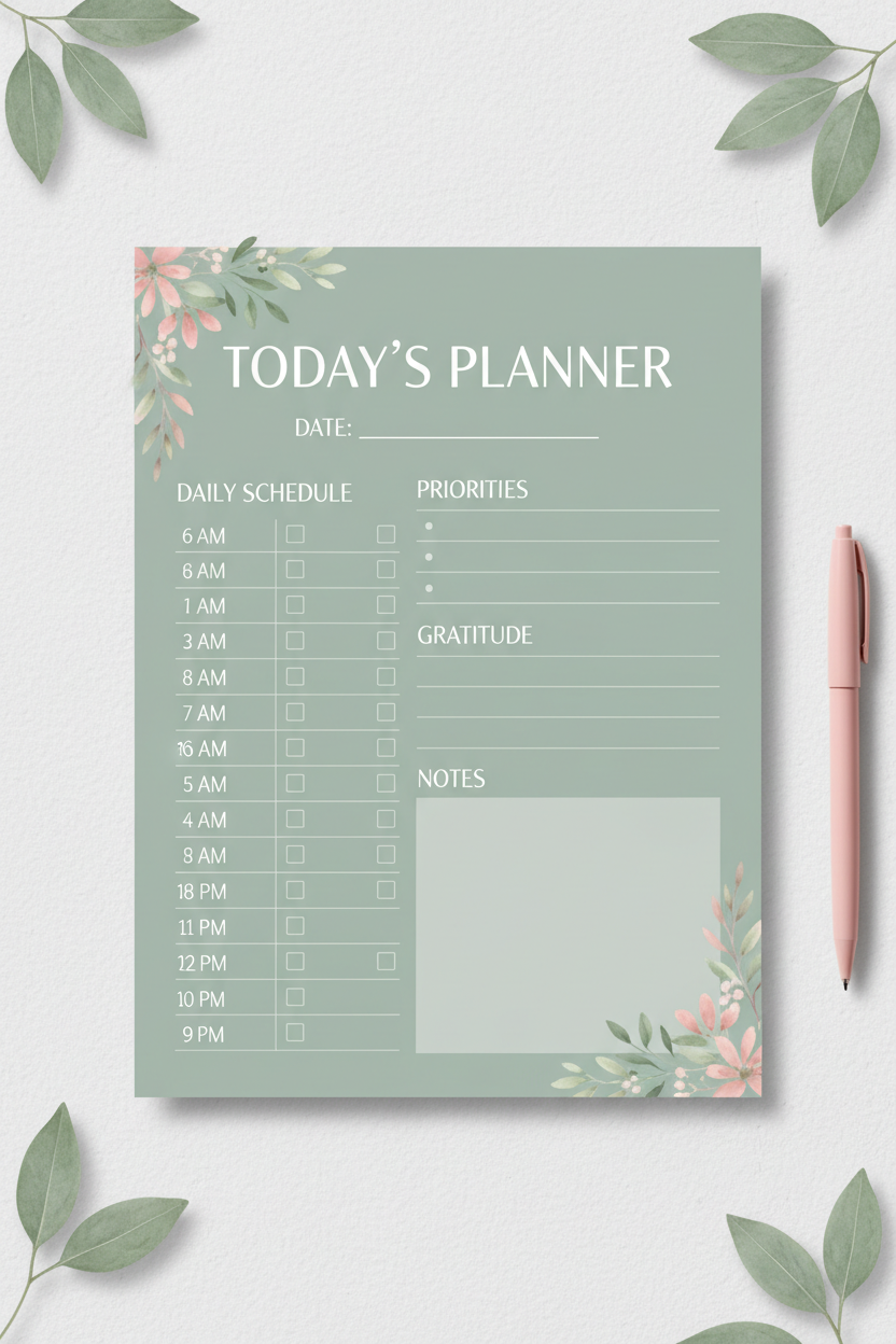 Pastel minimalist aesthetic daily planner printable page with botanical accents